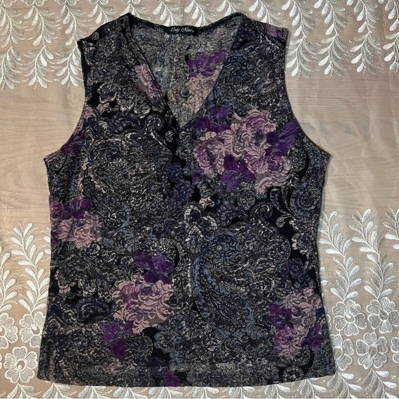 Y2K Purple Floral Paisley Sheer and Lace Sleeveless Top/Tank -Size M -TP17 - Picture 6 of 9